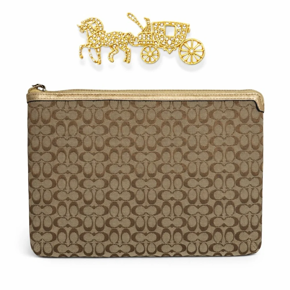 Coach Signature Tablet Sleeve Khaki Jacquard Gold Leather 8.25 x 10.35